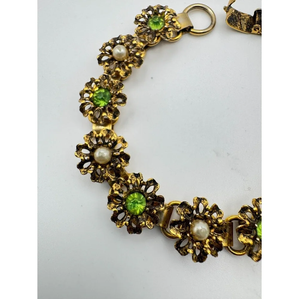 Vintage Flower Bracelet Gold Tone Filigree Green Rhinestone Faux Pearl 7